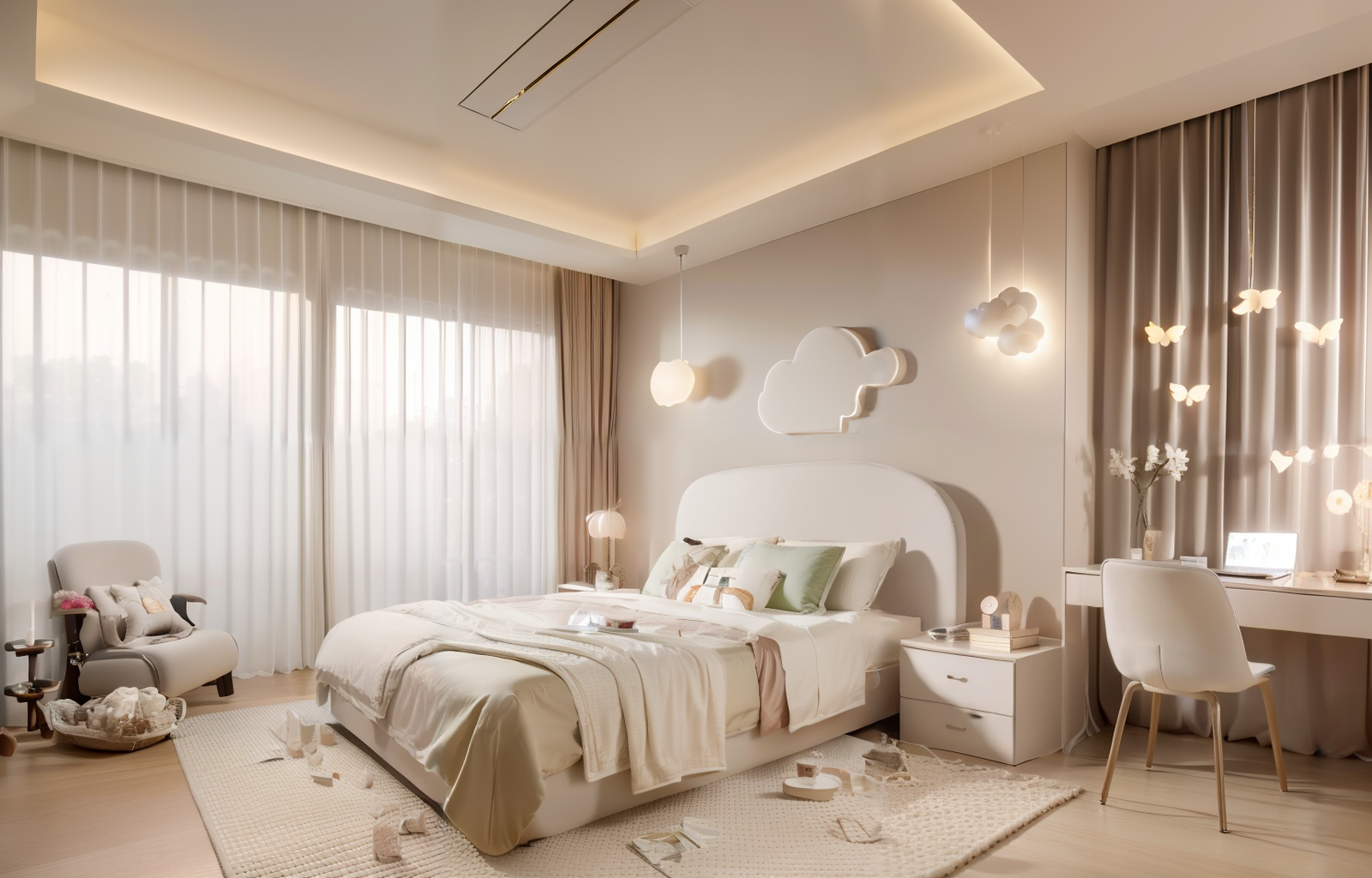 01918-2748832395-,rtf,Boys' room,airplane lights, cloud lights,Khaki curtains, white beds, wall coverings,windows,photography,masterpiece,best qu.png